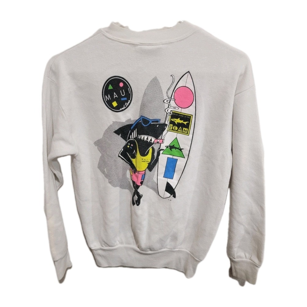 VTG Maui and Sons Shark Team Sweatshirt S White Neon Surf Skate 80s‎ Made in USA